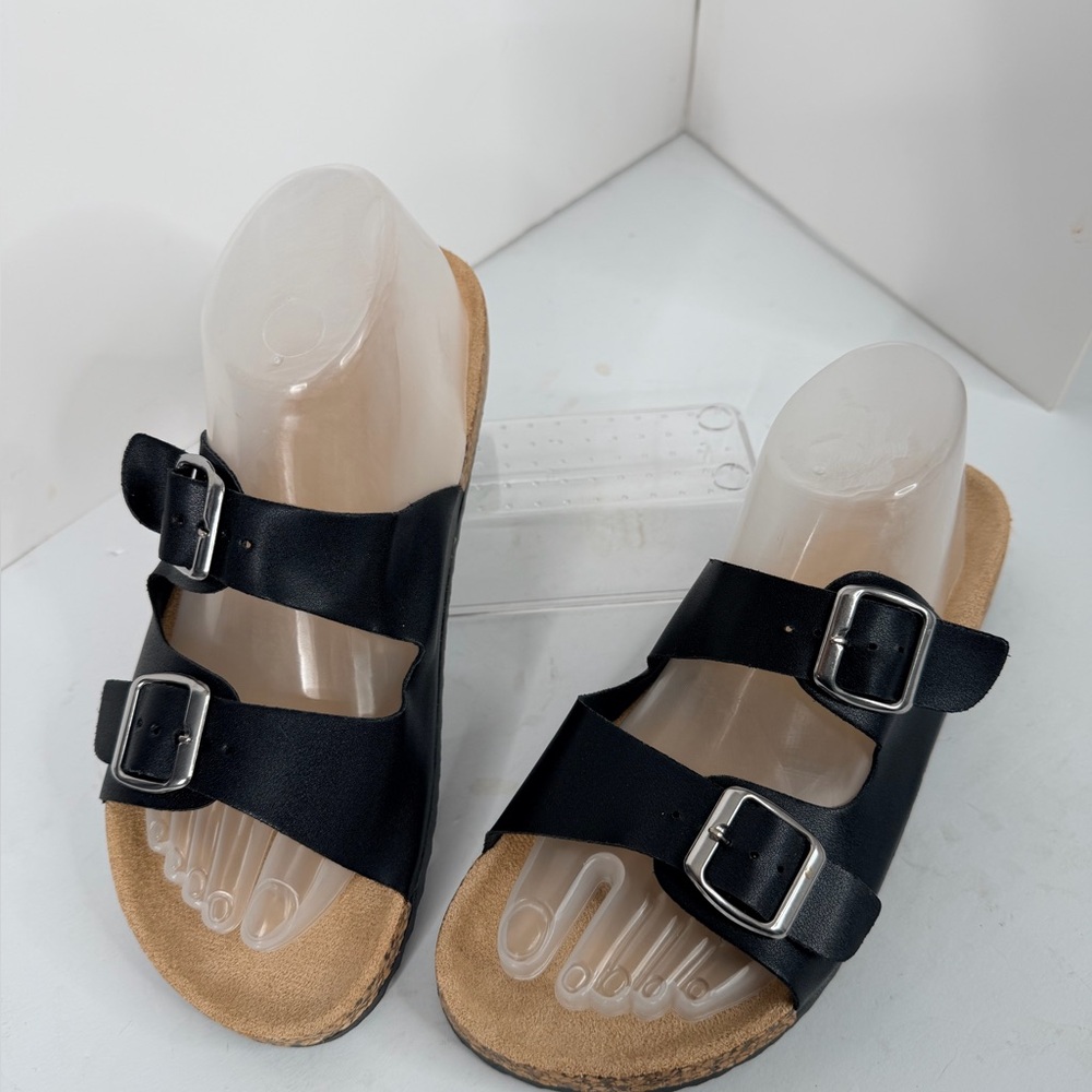 NWOT Alpine Swiss Black Double‎ Strap Slide Sandals Cork Footbed Size 10